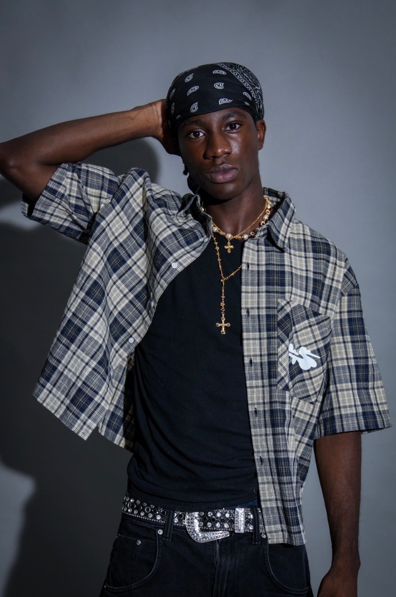 “Navy Cloud”- Cropped Plaid Button Up